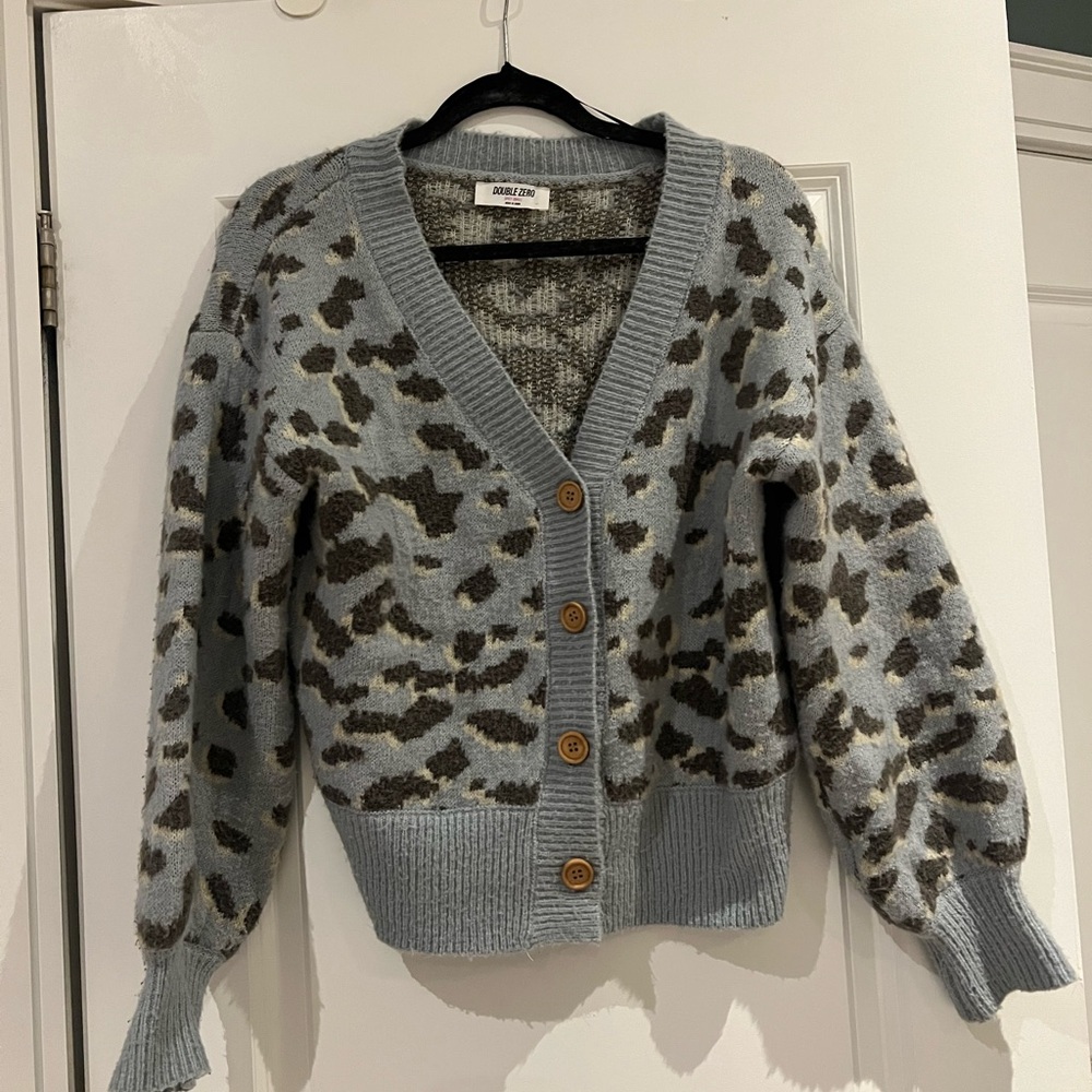 Double Zero Light Blue Leopard Print Cardigan Sweater
